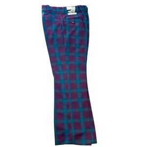 NOS Kings Road Dbl Knit Dress Pants Slacks 36 L Green Plaid Vtg 60/70's Flare TR
